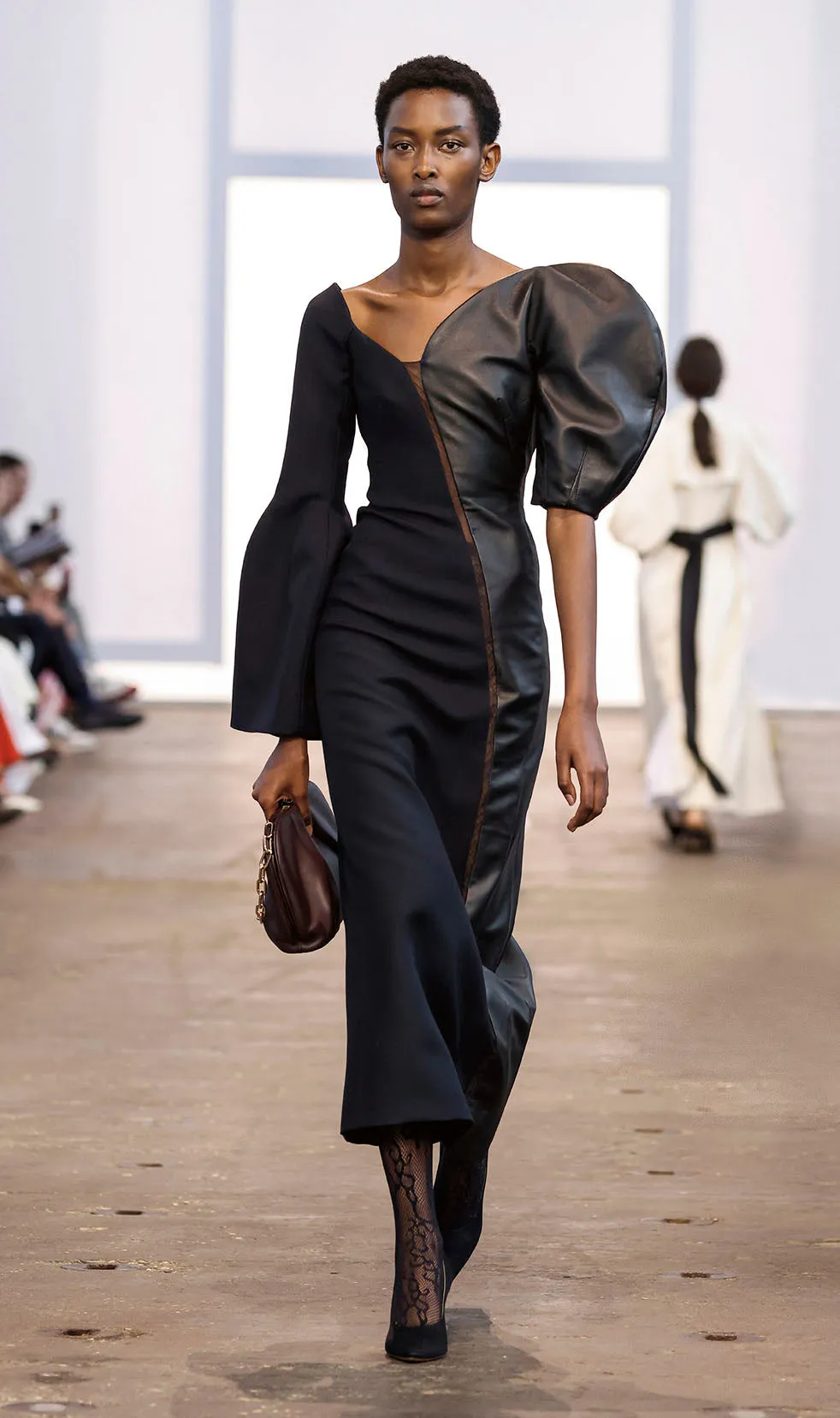 Merlin Midi Dress in Black Wool Silk Cady and Nappa Leather