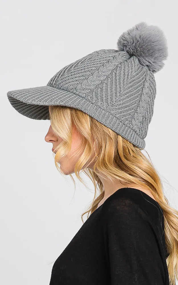MH0143 KNIT CABLE CAP WITH POM POM HATS