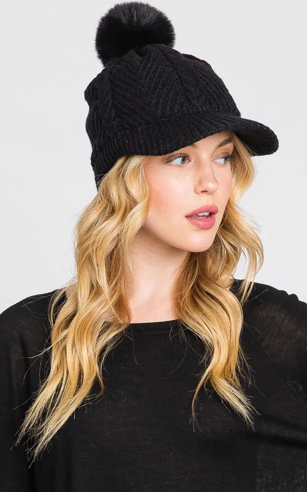 MH0143 KNIT CABLE CAP WITH POM POM HATS
