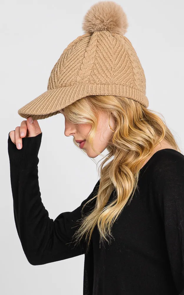 MH0143 KNIT CABLE CAP WITH POM POM HATS