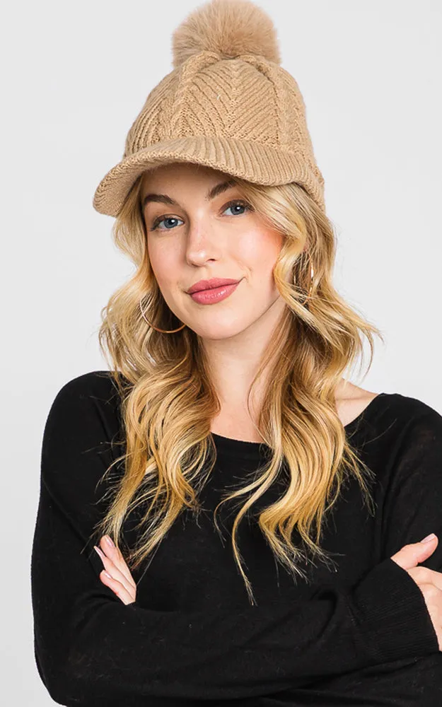 MH0143 KNIT CABLE CAP WITH POM POM HATS