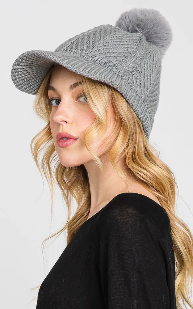MH0143 KNIT CABLE CAP WITH POM POM HATS