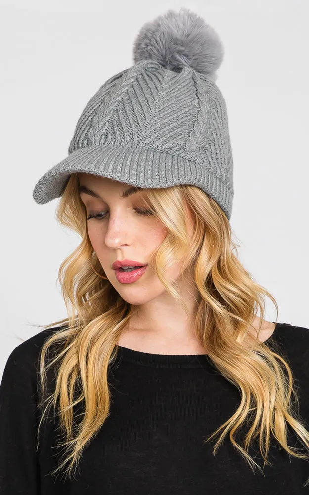MH0143 KNIT CABLE CAP WITH POM POM HATS