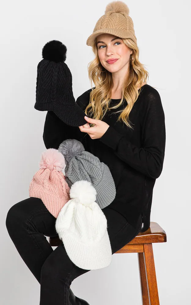 MH0143 KNIT CABLE CAP WITH POM POM HATS