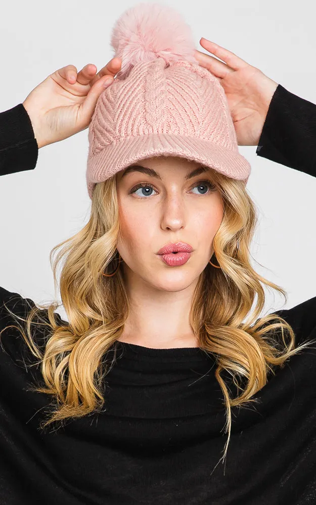 MH0143 KNIT CABLE CAP WITH POM POM HATS