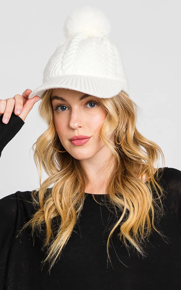 MH0143 KNIT CABLE CAP WITH POM POM HATS