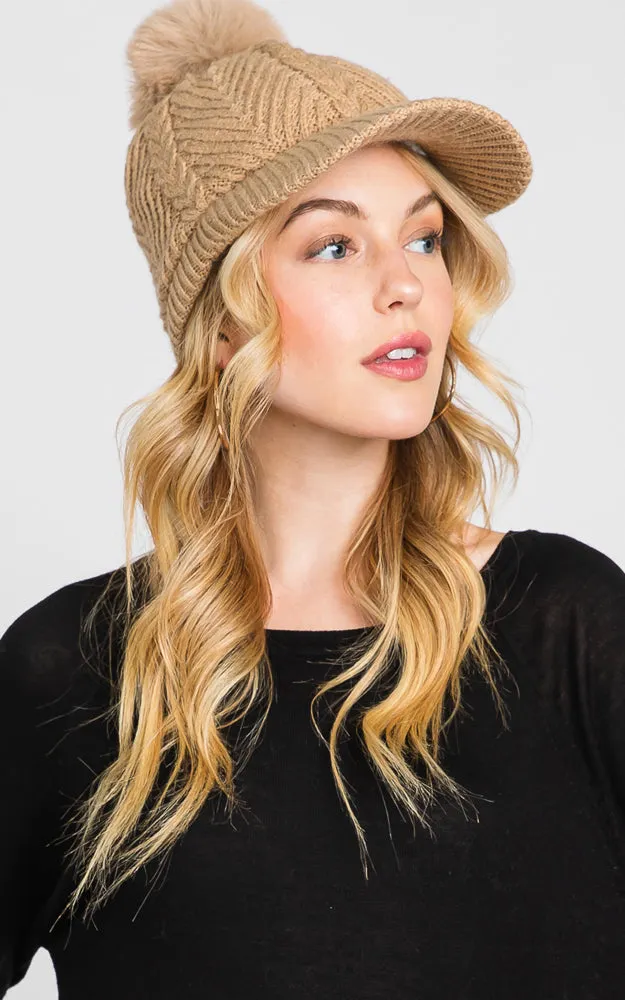 MH0143 KNIT CABLE CAP WITH POM POM HATS
