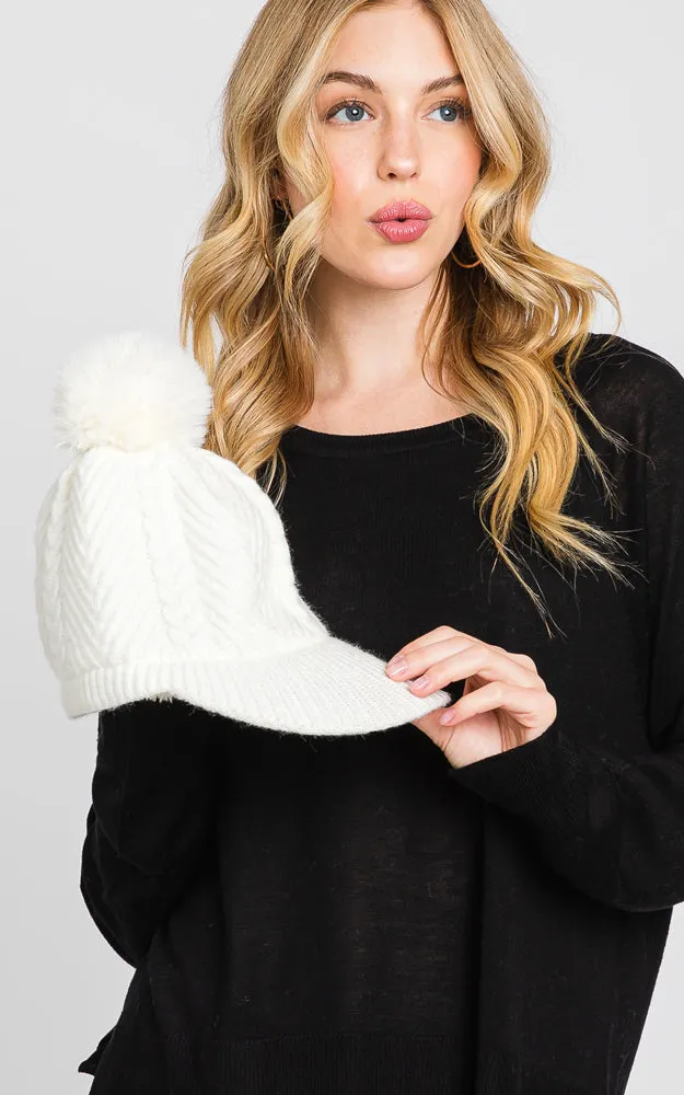 MH0143 KNIT CABLE CAP WITH POM POM HATS