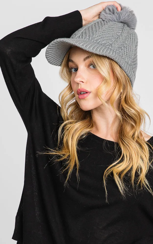 MH0143 KNIT CABLE CAP WITH POM POM HATS