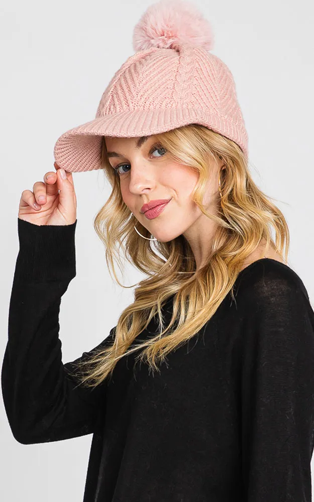 MH0143 KNIT CABLE CAP WITH POM POM HATS