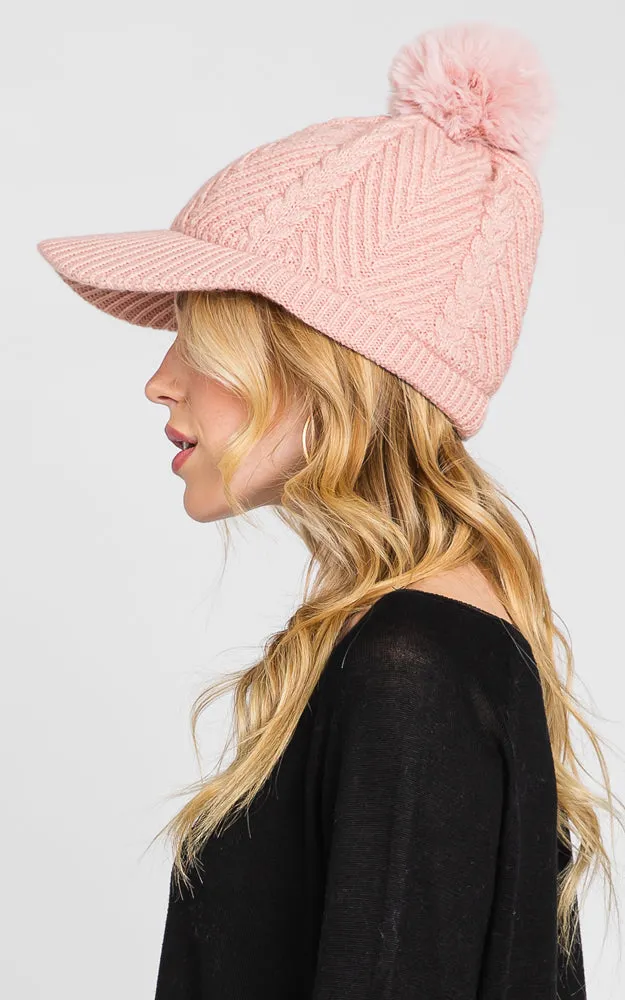 MH0143 KNIT CABLE CAP WITH POM POM HATS