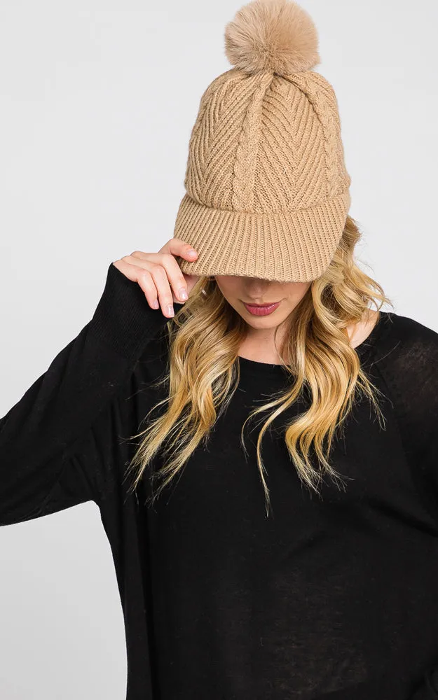 MH0143 KNIT CABLE CAP WITH POM POM HATS