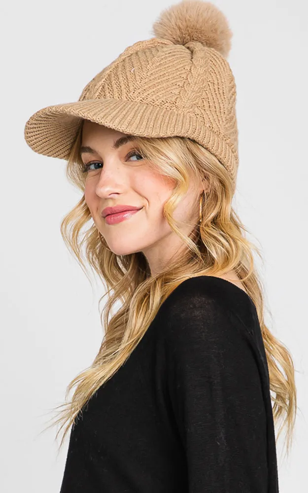 MH0143 KNIT CABLE CAP WITH POM POM HATS