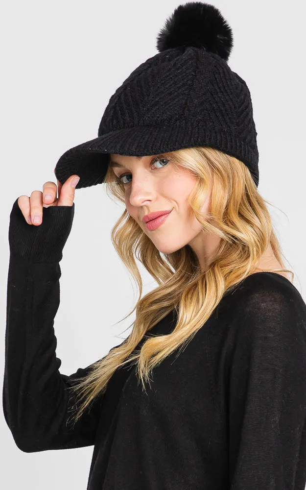 MH0143 KNIT CABLE CAP WITH POM POM HATS