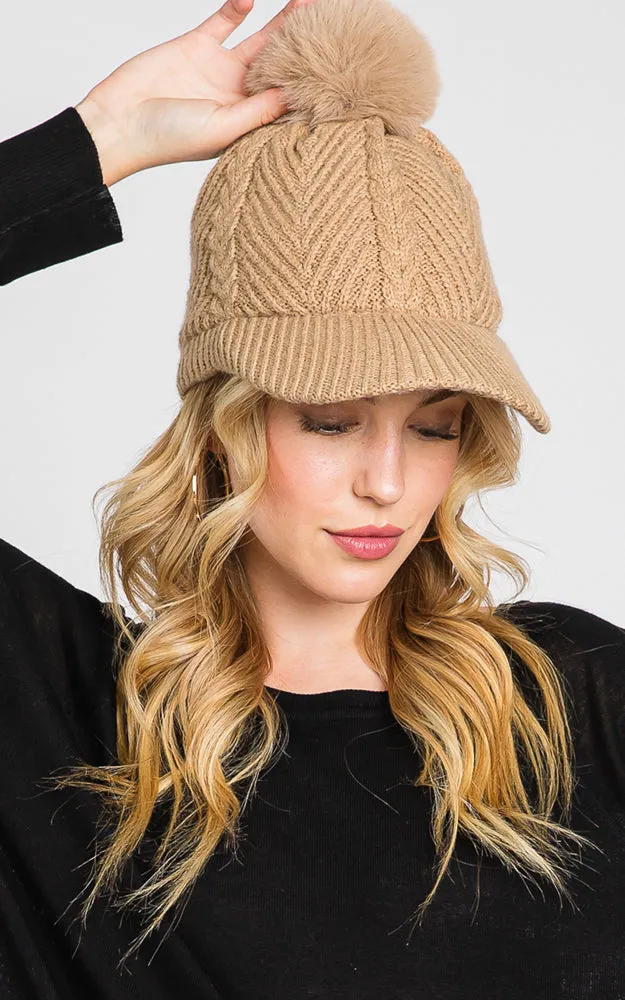 MH0143 KNIT CABLE CAP WITH POM POM HATS