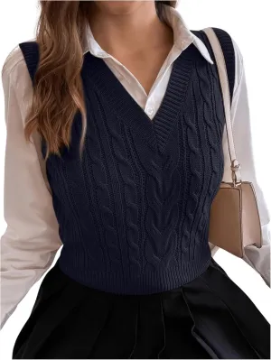 Milumia Women's Cable Knit V Neck Sweater Vest Sleeveless Ribbed Crop Tank Top