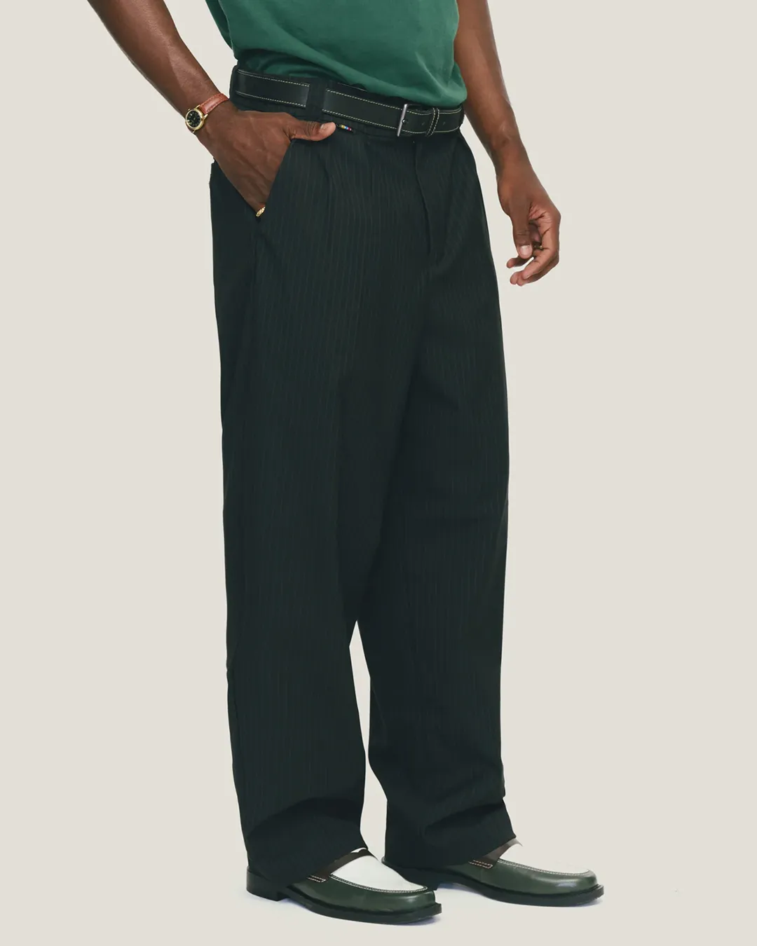 Pinstripe Wide Double-Pleat Tailored Pants