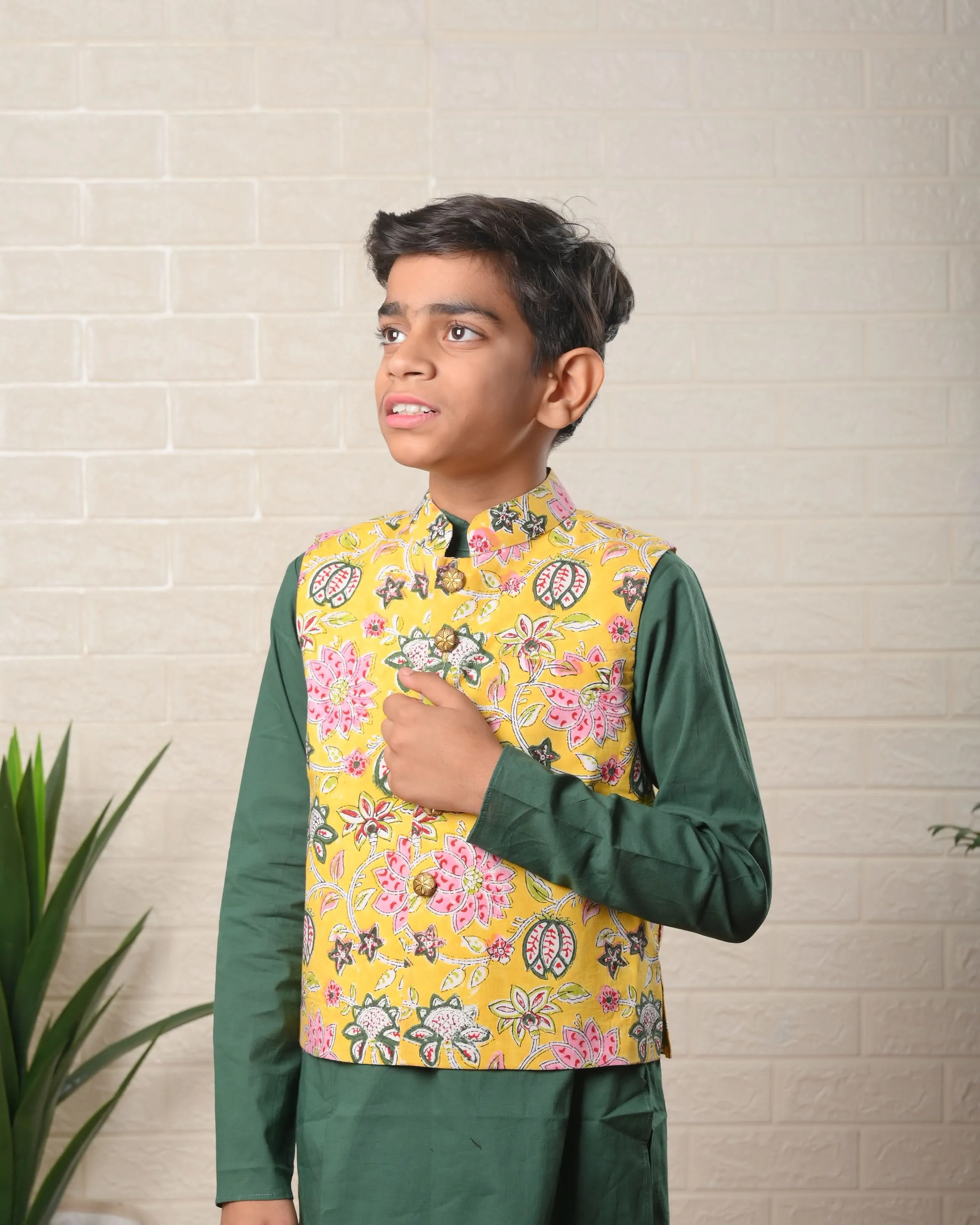 Sunny Garden Nehru Jacket with Kurta pajama 3 Piece Set  | Shobitam Custom Wear Made To Order