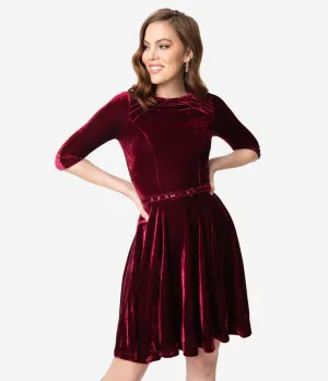 Unique Vintage Merlot Red Velvet Fit & Flare Dress