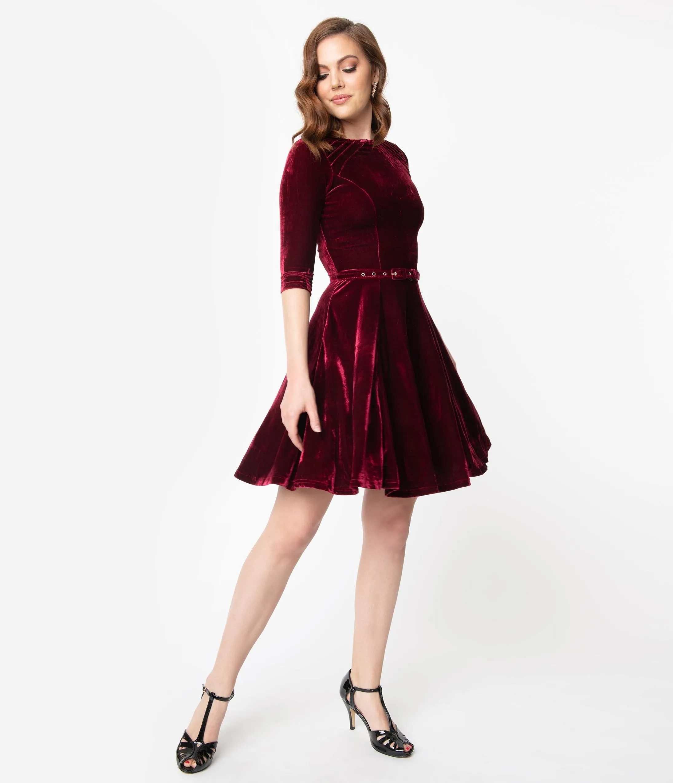 Unique Vintage Merlot Red Velvet Fit & Flare Dress