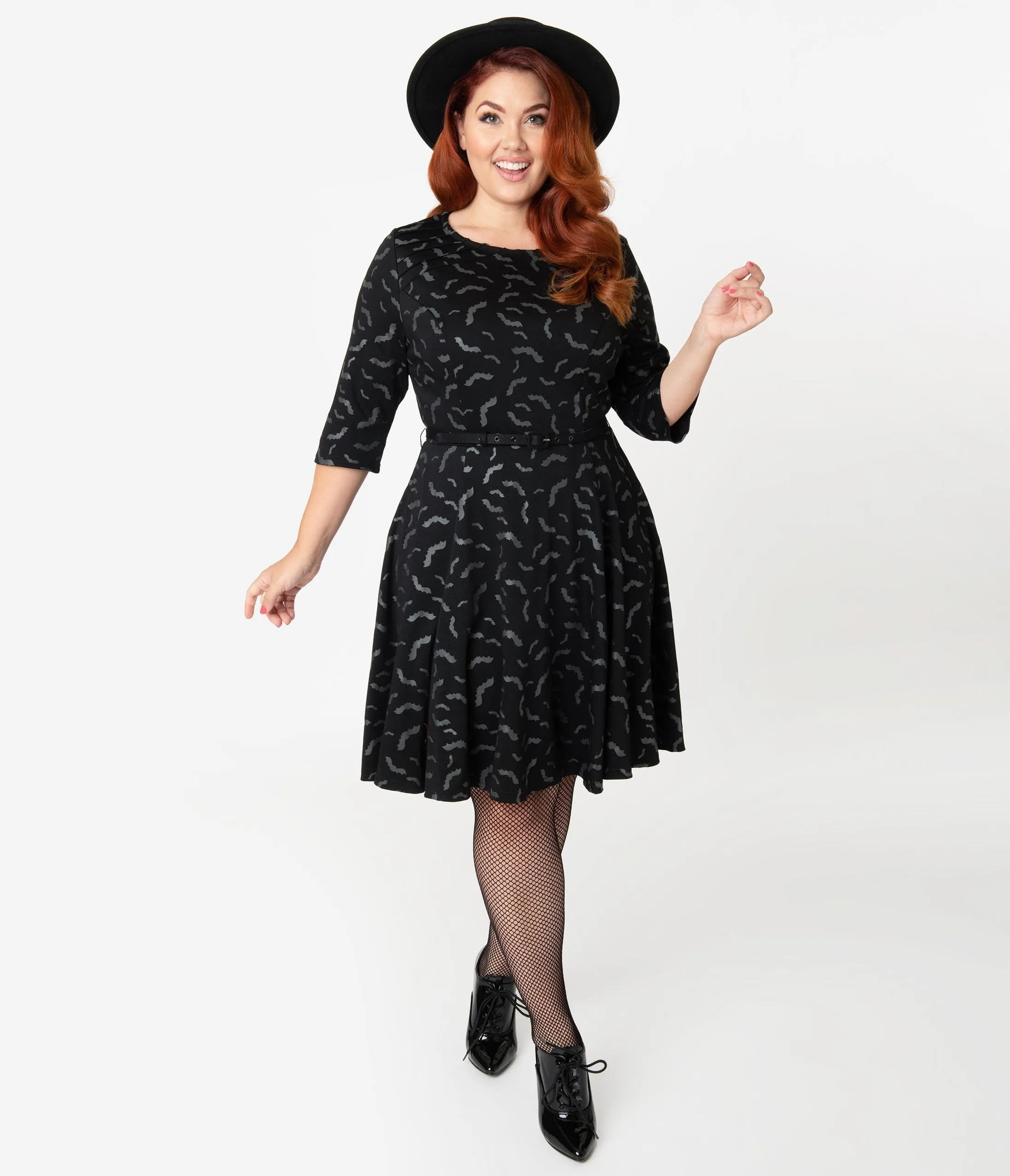 Unique Vintage Plus Size Black & Grey Bats Print Stephanie Fit & Flare Dress