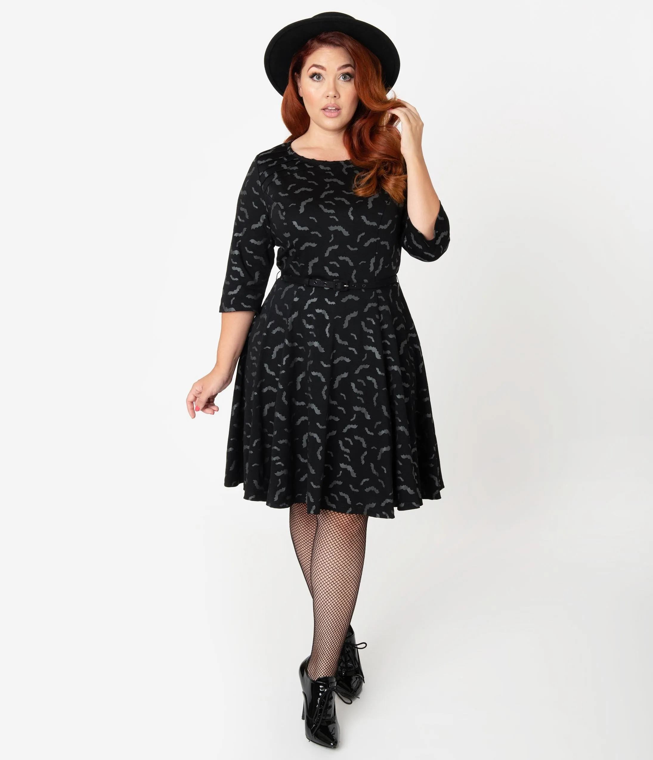 Unique Vintage Plus Size Black & Grey Bats Print Stephanie Fit & Flare Dress