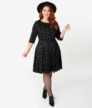Unique Vintage Plus Size Black & Grey Bats Print Stephanie Fit & Flare Dress