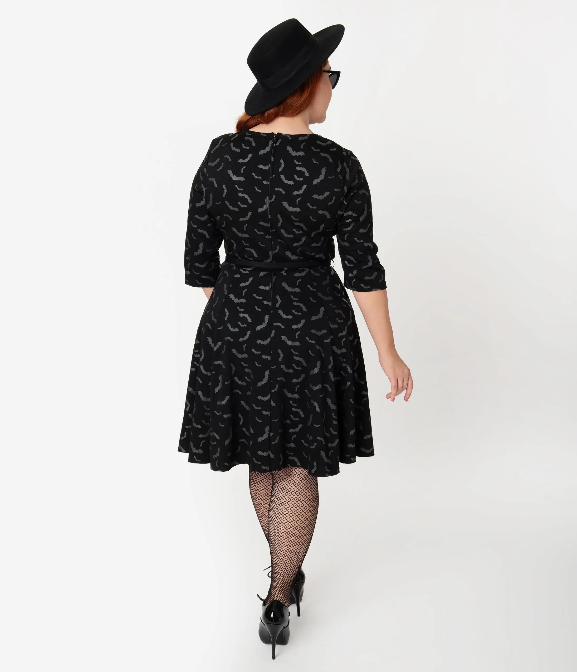 Unique Vintage Plus Size Black & Grey Bats Print Stephanie Fit & Flare Dress
