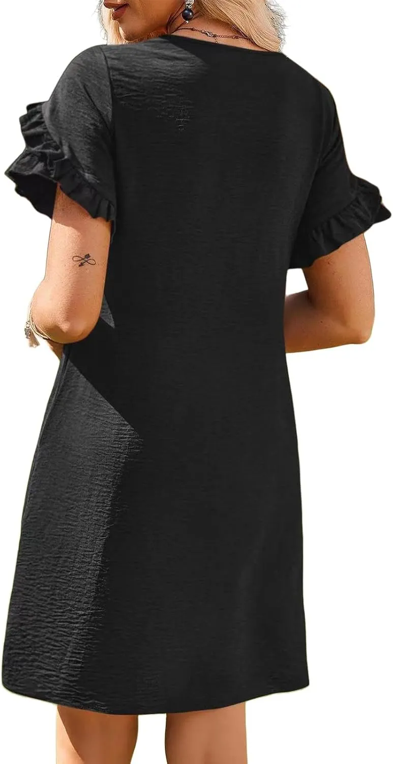 Women Casual Summer Dress Crew Neck Petal Short Sleeve A Line Tunic Mini Dress Dressy Fashion Shift Beach Sundress
