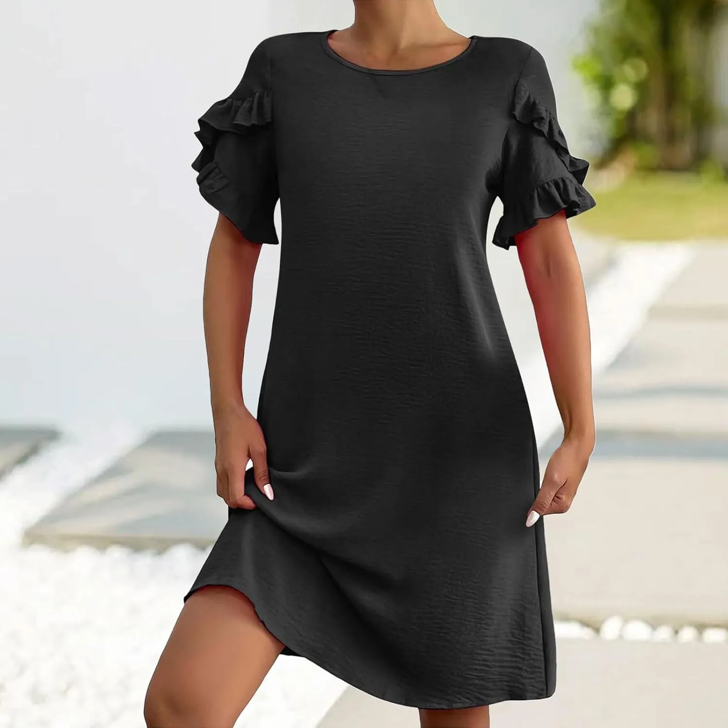 Women Casual Summer Dress Crew Neck Petal Short Sleeve A Line Tunic Mini Dress Dressy Fashion Shift Beach Sundress