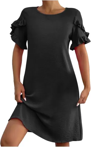Women Casual Summer Dress Crew Neck Petal Short Sleeve A Line Tunic Mini Dress Dressy Fashion Shift Beach Sundress
