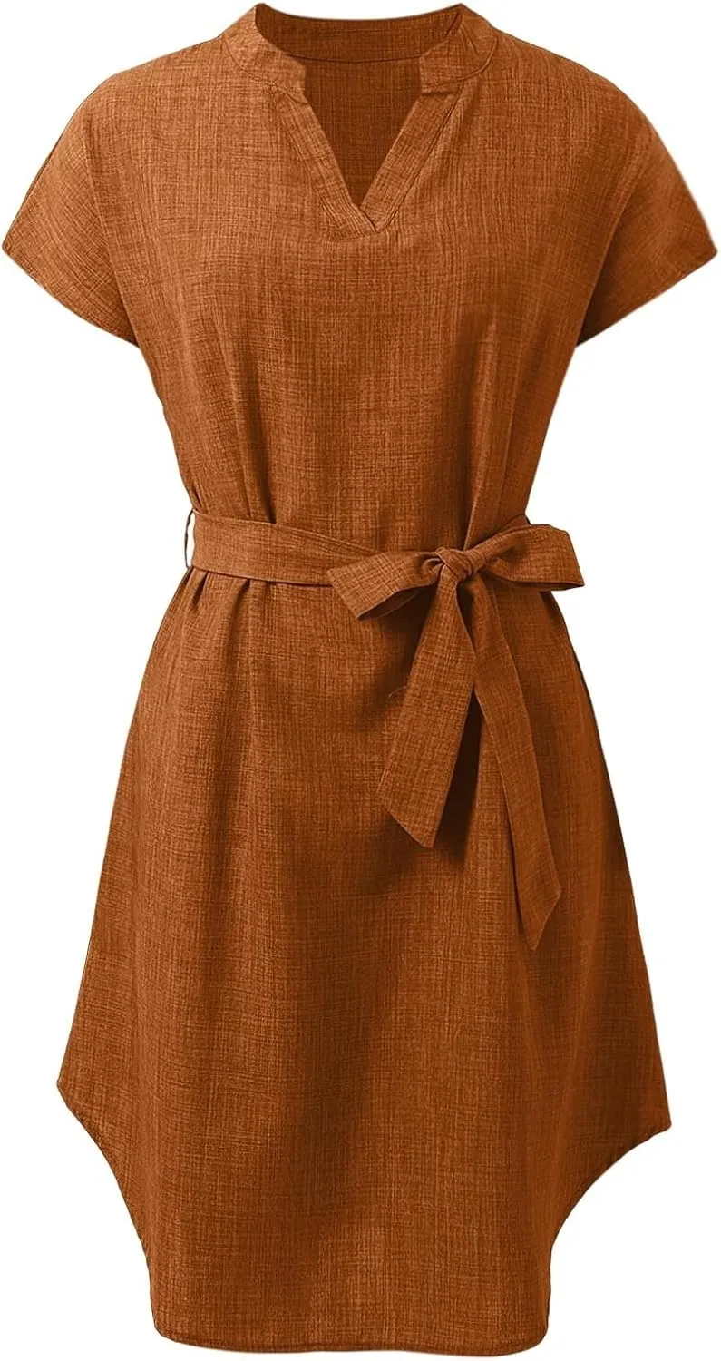 Womens Shirt Dress Summer Cotton Linen Dress V-Neck Belted Mini Short Dress Casual Short Sleeve Loose Tunic Dresses
