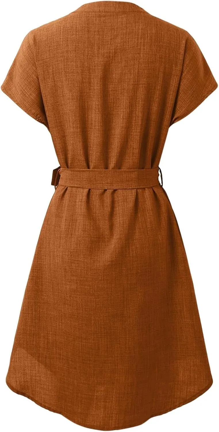 Womens Shirt Dress Summer Cotton Linen Dress V-Neck Belted Mini Short Dress Casual Short Sleeve Loose Tunic Dresses