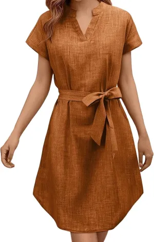 Womens Shirt Dress Summer Cotton Linen Dress V-Neck Belted Mini Short Dress Casual Short Sleeve Loose Tunic Dresses