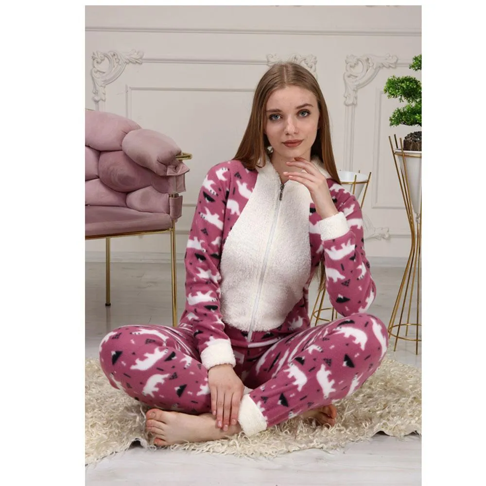 Women's Zippered Hooded Fleece Overalls Pajamas Set