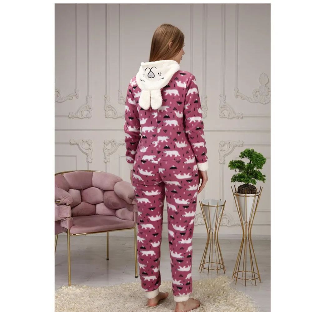 Women's Zippered Hooded Fleece Overalls Pajamas Set