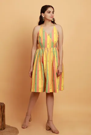 Yellow Multicolor Flared Sleeveless Woven Dress
