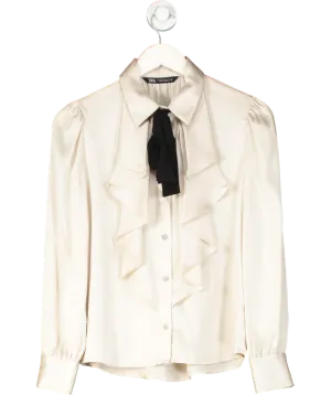 ZARA Cream Satin Ruffle Front Tie Neck Blouse UK XS