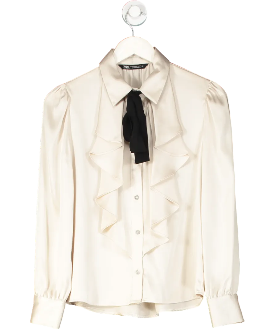 ZARA Cream Satin Ruffle Front Tie Neck Blouse UK XS